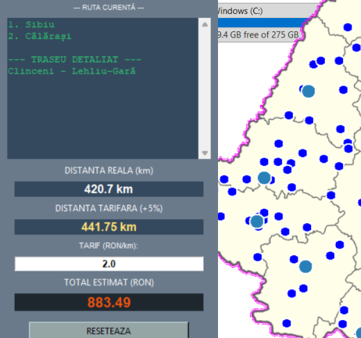 Optimizare rute, distanță reală, distanță tarifară, tarif aplicat și costuri totale